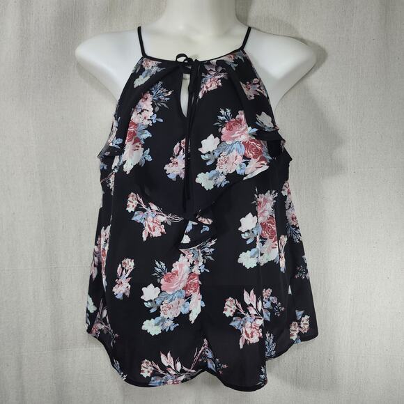 Stella Tweed Tops - Stella Tweed Black Floral Semi-Sheer Sleeveless Tie Neck Blouse Size 2X Romantic